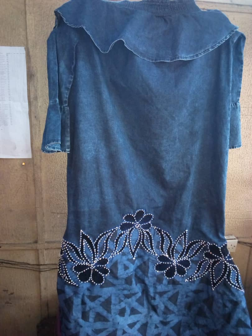 Off shoulder jean gown with Emb